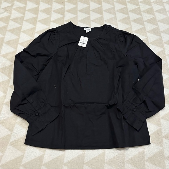 J crew cotton poplin button neck top ruffle cuffs black - Picture 2 of 4